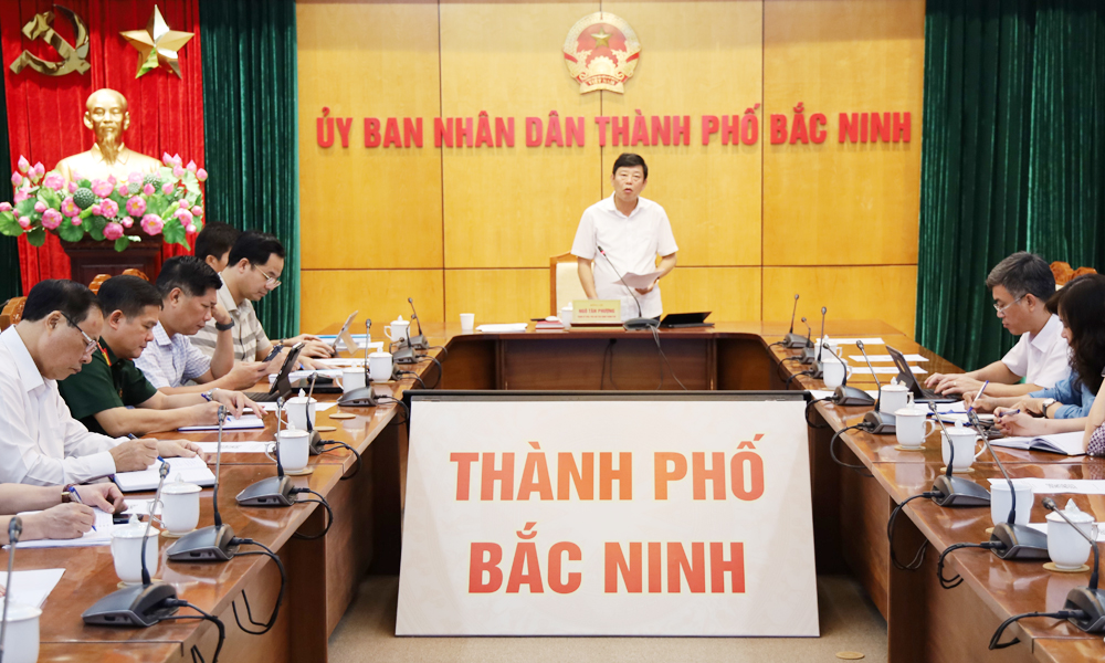Phó Chủ tịch UBND thành phố Ngô Tân Phượng phát biểu chỉ đạo tại điểm cầu thành phố Bắc Ninh.