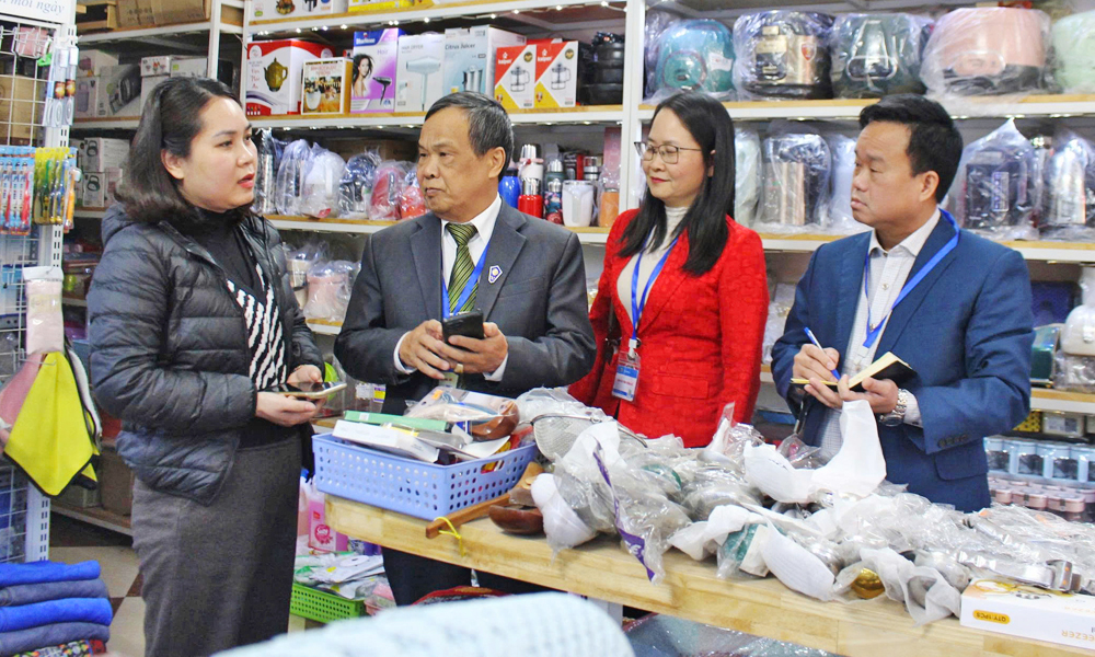 Lãnh đạo Thống kê tỉnh giám sát điều tra viên thu thập thông tin tại cơ sở kinh doanh Minh Huyền, tổ dân phố Y Na, phường Kinh Bắc.