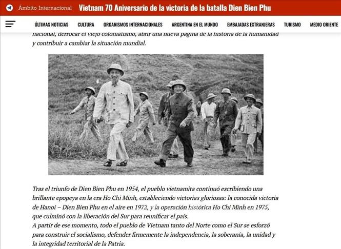 Ảnh chụp màn hình tờ Ambito Internacional đưa tin về 70 năm Chiến thắng Điện Biên Phủ.