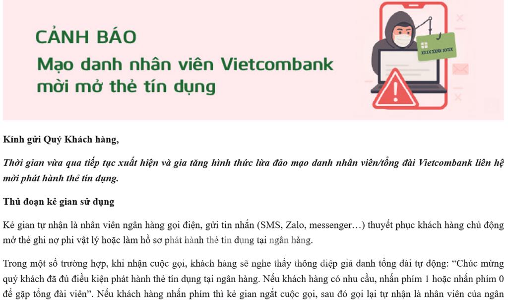 Vietcombank gửi thư cảnh báo khách hàng về thủ đoạn mạo danh nhân viên Vietcombank chào mời mở thẻ tín dụng. Ảnh: Văn Xuyên/Bnews/vnanet.vn