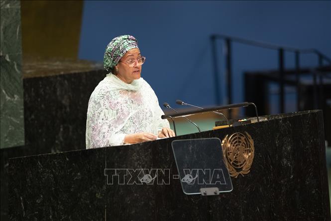 Phó Tổng thư ký LHQ Amina Mohammed phát biểu tại Khóa họp 78 Đại hội đồng LHQ ở New York, Mỹ ngày 5/9/2023. Ảnh: THX/TTXVN