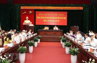 Tổng Bí thư Nguyễn Phú Trọng phát biểu tại buổi làm việc với Ban Thường vụ và lãnh đạo tỉnh Lạng Sơn. (Ảnh: Trí Dũng/TTXVN)

