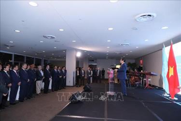 Thủ tướng Phạm Minh Chính phát biểu chào mừng tại tiệc chiêu đãi kỷ niệm 78 năm Quốc khánh và 46 năm Việt Nam gia nhập LHQ. Ảnh: Dương Giang/TTXVN